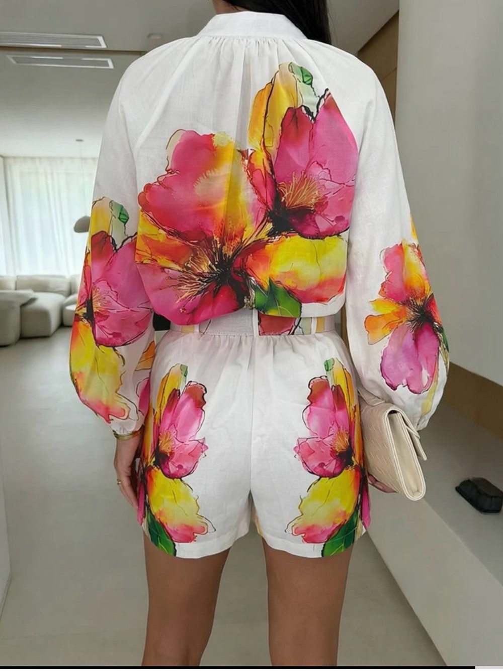White Floral Belted Short Set -Pink & Yellow Bloom - Picture 5 of 5